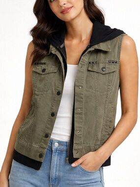 Sleeveless Olive Utility Vest with Black Hoodie Layer